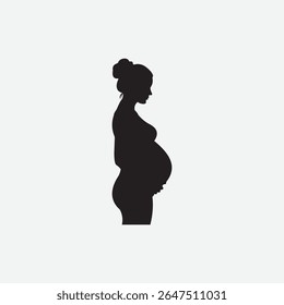 Silhueta ousada de uma mulher grávida serena de perfil. Vetor preto-e-branco minimalista com penteado de pão, barriga arredondada e humor calmo. Perfeito para maternidade, saúde e temas familiares.