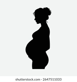 Silhueta ousada de uma mulher grávida serena de perfil. Vetor preto-e-branco minimalista com penteado de pão, barriga arredondada e humor calmo. Perfeito para maternidade, saúde e temas familiares.