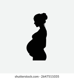 Silhueta ousada de uma mulher grávida serena de perfil. Vetor preto-e-branco minimalista com penteado de pão, barriga arredondada e humor calmo. Perfeito para maternidade, saúde e temas familiares.
