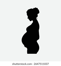 Silhueta ousada de uma mulher grávida serena de perfil. Vetor preto-e-branco minimalista com penteado de pão, barriga arredondada e humor calmo. Perfeito para maternidade, saúde e temas familiares.