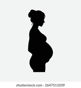 Silhueta ousada de uma mulher grávida serena de perfil. Vetor preto-e-branco minimalista com penteado de pão, barriga arredondada e humor calmo. Perfeito para maternidade, saúde e temas familiares.