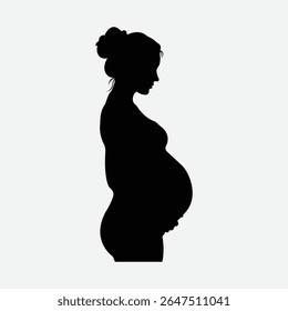 Silhueta ousada de uma mulher grávida serena de perfil. Vetor preto-e-branco minimalista com penteado de pão, barriga arredondada e humor calmo. Perfeito para maternidade, saúde e temas familiares.