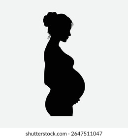 Silhueta ousada de uma mulher grávida serena de perfil. Vetor preto-e-branco minimalista com penteado de pão, barriga arredondada e humor calmo. Perfeito para maternidade, saúde e temas familiares.