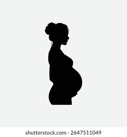 Silhueta ousada de uma mulher grávida serena de perfil. Vetor preto-e-branco minimalista com penteado de pão, barriga arredondada e humor calmo. Perfeito para maternidade, saúde e temas familiares.