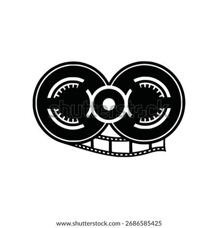 A bold silhouette of two interlocking film reels with film strip visible. Essential for cinema, movie production, video, media, or film festivals.