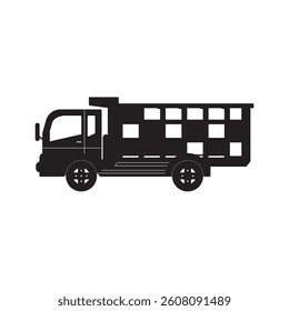 Bold silhouette vector of a dump truck in side view, perfect for construction, transportation, and industrial-themed design projects and print materials.