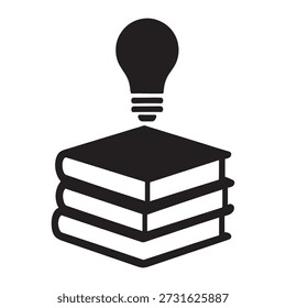 Icono de Vector de silueta audaz con un libro con una bombilla encima, que simboliza la fusión de conocimiento e ideas. Diseñado en un estilo plano limpio con Formas negras sólidas sobre un fondo blanco, este ícono es ideal para plataformas educativas, herramientas de aprendizaje creativas, marca de innovación o materiales de impresión inspiradores. La composición mínima garantiza claridad y versatilidad en formatos digitales y físicos.