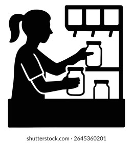 Uma silhueta ousada de uma mulher organizando potes em uma prateleira. O estilo de silhueta minimalista distintivo é perfeito para ilustrar os conceitos de organização, armazenamento ou preservação de alimentos.