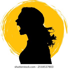 Uma Silhueta Ousada De Uma Mulher Gritando De Perfil Contra Um Sol Amarelo Vibrante. Este Design Expressivo E Minimalista Transmite Uma Emoção Intensa, Perfeita Para Projetos Que Exploram Paixão Ou Frustração.