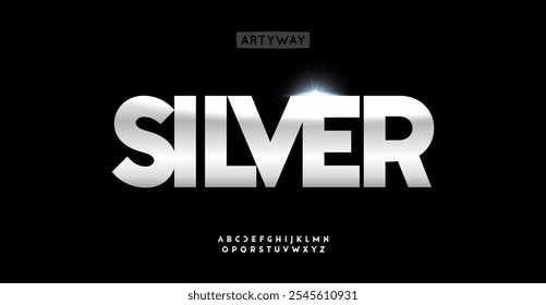 Bold silver sans serif alphabet for headlines, glossy metallic typeface, sleek polished font for premium logo. Vector typeset.
