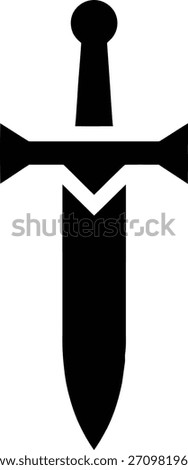 A bold, simple black sword icon with a pointed blade and distinct hilt, isolated on a clean white background. Perfect for themes of strength, combat, and medieval times.