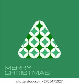 Una tarjeta de Navidad atrevida y simple con una forma triangular de árbol de Navidad compuesta por un mosaico de círculos entrelazados blancos y verdes brillantes, sobre un fondo sólido de color verde oscuro