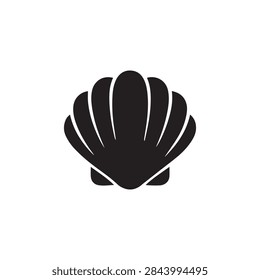 Bold and simple clam solid black vector icon featuring a stylized seashell with curved ridges and a recognizable natural shape. Designed with clean solid shapes, smooth contours, and a strong monochrome silhouette for a modern and professional appearance. Perfect for marine life, seafood, ocean, beach, coastal themes, underwater wildlife, aquaculture, fishing, restaurants, food packaging, logos, stickers, websites, mobile apps, posters, and print or digital design projects. Editable vector illustration, isolated on a white background, scalable and suitable for commercial design use