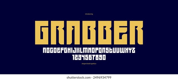 Bold simple sans serif display font para logotipos encabezados o eslóganes, Vector grueso y pesado geométrico typeface, letras mayúsculas alfabeto con números, cartel y publicidad.