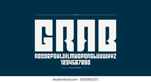 Bold simple sans serif display font for logos headers or slogans, vector thick and heavy geometric typeface, uppercase letters alphabet with numbers, poster and advertising.