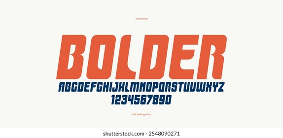 Bold simple sans serif display font for logos headers or slogans, vector italic heavy geometric typeface, uppercase letters alphabet with numbers, poster and advertising.