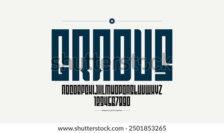 Bold simple sans serif display font for logos headers or slogans, vector thick and heavy geometric typeface, uppercase letters alphabet with numbers, poster and advertising.