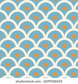 Bold and simple seamless pattern featuring repeating semi-circles or scallops combined with small diamond shapes. Clean, graphic, and inspired by retro, mid-century,