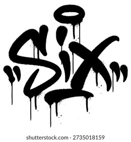Bold "SIX" graffiti bubble tag with halo element. Urban street art lettering in hand drawn black brush style for hip hop branding and trendy street wear prints.