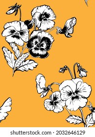 Bold sketchy vector floral seamless pattern with black and white pansy flowers on yellow background.