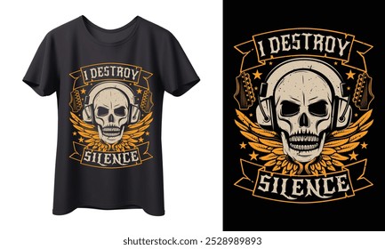 Design de crânio ousado com fones de ouvido e guitarras, perfeito para os amantes da música que vivem alto. Este gráfico "I Destroy Silence" é ideal para fãs de rock e metal.