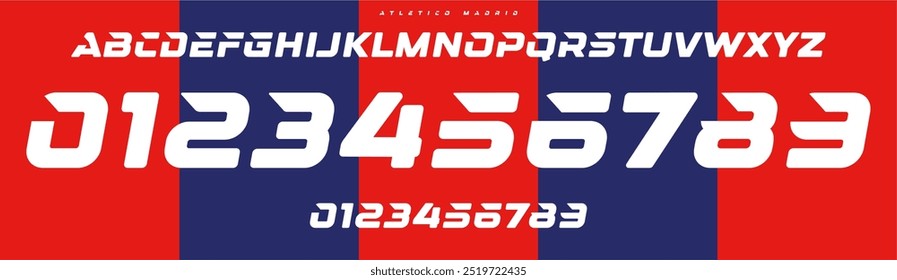 Bold sleek sports font, dynamic numbers and letters, strong geometric lines alphabet for athletic visuals, sports branding, jersey numbers, team merchandise. Vector typeset