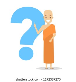 Bold smiling monk standing at the question mark. Ask buddhist in orange clothes. Asian culture. Religious person. Isolated flat vector illustration