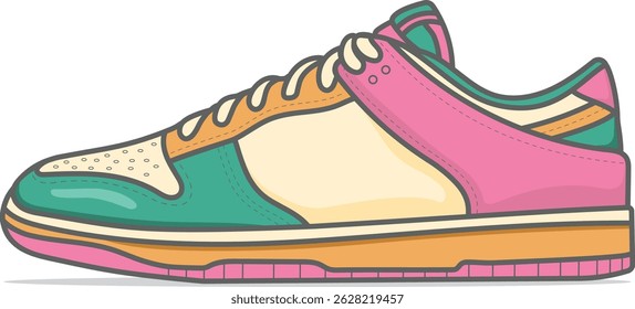 Bold sneaker illustration with vibrant pop art colors in side view. Great for retro fashion projects, youth apparel branding, and eye-catching digital design templates.