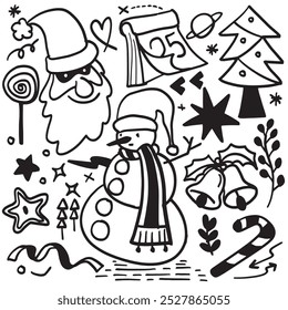 A bold and soft hand drawn Christmas doodle featuring a snowman, Santa Claus, Christmas bells, and other festive elements in a playful holiday style