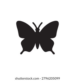 A bold, solid black silhouette of a butterfly with symmetrical wings and clearly defined antennae, set against a plain white background. The design emphasizes clean lines and minimalistic elegance, cr.