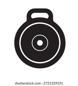 A bold and solid black silhouette illustration of a kettlebell or a generic weight plate with a distinct handle and circular body, effectively symbolizing fitness, strength training, weightlifting, exercise, gym workouts, physical health, endurance, and the pursuit of athletic performance and muscular development.