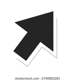 Bold solid diagonal arrow pointing up right 2D black filled object. Growth direction symbol. Upward mouse cursor. Stylized pointer isolated clipart vector ink item. Monochrome spot illustration
