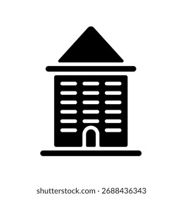 Um ícone sólido e arrojado de um prédio de negócios corporativos que representa comércio e finanças.