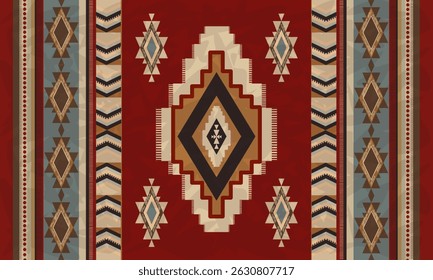 Padrão de tapete vetorial estilo Southwestern com motivos tribais em vermelho, bege e azul-petróleo. Ideal para decoração étnica e design têxtil.