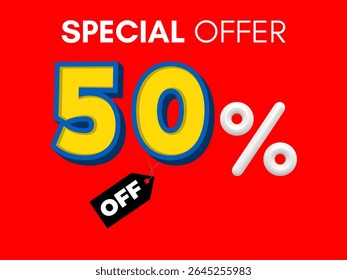 Texto en negrita "OFERTA ESPECIAL 50% DE DESCUENTO" sobre un fondo rojo vibrante. El "50%" es Grande y amarillo con un contorno azul, y una etiqueta negra con "OFF" cuelga cerca.