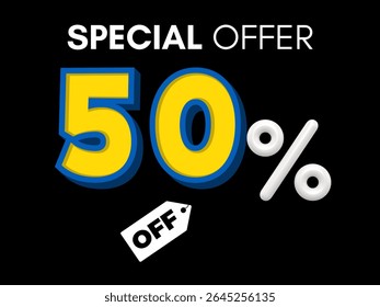 Um texto em negrito de "Oferta Especial" em branco é exibido acima de um gráfico grande e estilizado de "50%" em amarelo e azul. Uma marca branca com a indicação "DESATIVADO" é colocada abaixo dos números.