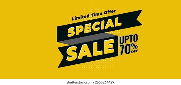 Bold SPECIAL SALE Graphic with 3D Yellow Text on Black Banner and UP TO 70 OFF Offer, Diagonal Ribbon Effect, Subtle Dot Texture, and Limited Time Call out for Promo Designs