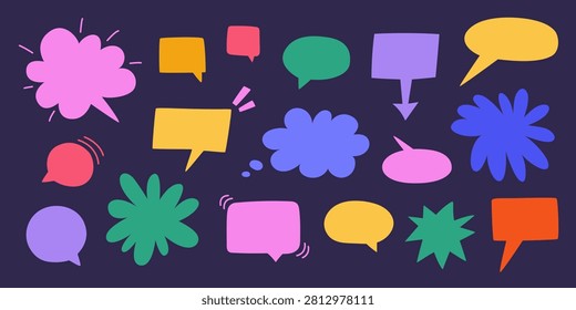 Bold speech bubbles collection. Hand drawn isolated elements in a naive doodle style. Blank, vibrant thought clouds and abstract shapes for communication concepts, chats, planners, collages. Vector.