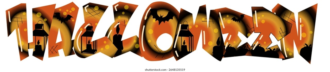 Bold and spooky Halloween lettering design with graffiti-style font, decorated with bats, pumpkins, spider webs, and lanterns. Perfect for posters, party invites, merchandise, and seasonal content.
