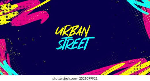 Bold Sport Background with Neon Pink, Blue and Yellow Colors Brush Strokes in a Graffiti Style. Vibrant Sporty Abstract Background with Grunge Texture Design Elements