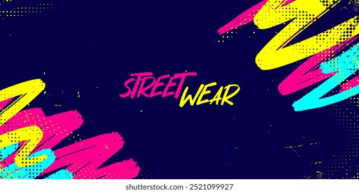 Bold Sport Background with Neon Pink, Blue and Yellow Colors Brush Strokes in a Graffiti Style. Vibrant Sporty Abstract Background with Grunge Texture Design Elements