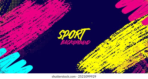 Bold Sport Background with Neon Pink, Blue and Yellow Colors Brush Strokes in a Graffiti Style. Vibrant Sporty Abstract Background with Grunge Texture Design Elements