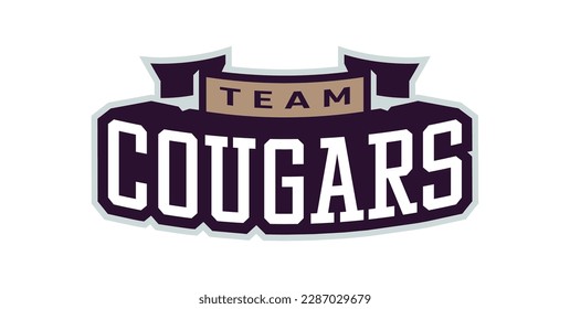 Bold sports font for cougar mascot logo. Text style lettering for esport, cougar mascot logo, sport team, college club. Font on ribbon. Vector illustration isolated on background.