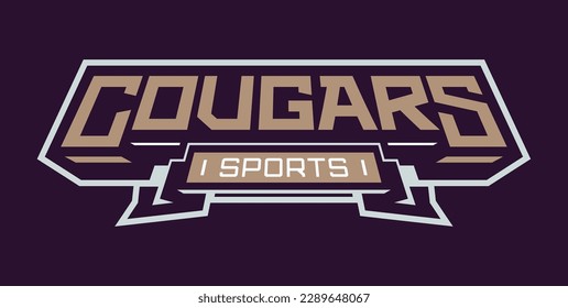 Bold sports font for cougar mascot logo. Text style lettering for esport, cougar mascot logo, sport team, college club. Font on ribbon. Vector illustration isolated on background.