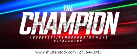 Bold Sporty Font with Sharp Edges and Strong Condensed Style, Perfect for Sports League Headlines, Race Poster and Champion Theme Title, Team Jersey T-short letters and numbers set. Vector typeset