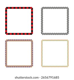 Bold square borders. Triangular pattern frames. Checkered red shapes. Colorful vector symbols.