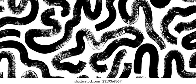 Bold squiggle lines seamless pattern. Brush drawn thick doodle lines ornament. Grunge squiggles and curved brush strokes. Abstract geometric background. Organic thick curved shapes seamless pattern.