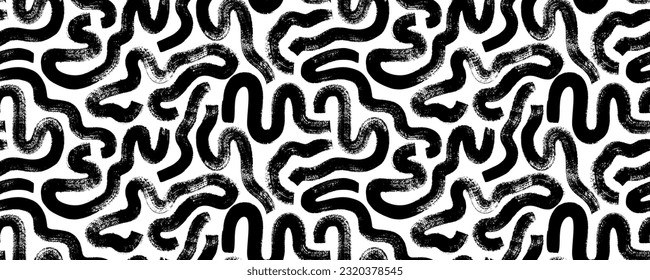 Bold squiggle lines seamless pattern. Brush drawn thick doodle lines ornament. Grunge squiggles and curved brush strokes. Abstract geometric background. Organic thick curved shapes seamless pattern.