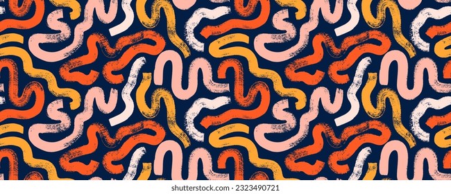 Bold squiggle lines seamless pattern in warm colors. Brush drawn thick doodle lines ornament. Grunge squiggles. Orange, yellow and light pink curved brush strokes. Abstract organic geometric ornament.