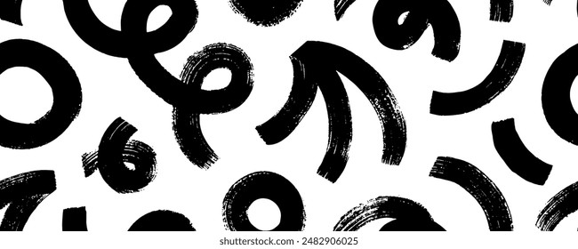 Líneas de garabato audaz, espiral y círculos sin patrón. Pincel dibujado líneas onduladas gruesas con textura de pincel seco. Formas geométricas negras estilo Grunge. Abstractas Anuncio de moda y juguetón. Ingenuas Formas de garabatos.